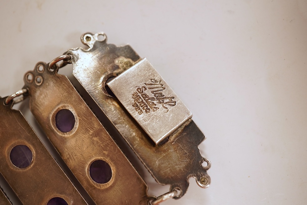 Matl Salas, a rare amethyst, coral and turquoise bracelet, Mexico, mid 20th century, composed of rectangular links set with pyramidal amethysts, coral cabochons and cylindrical turquoise beads, connected at each end by w